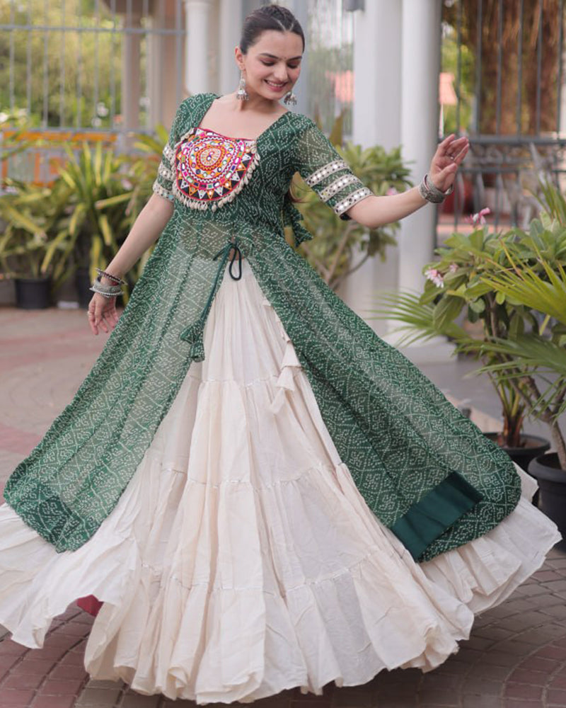 Green Color Bandhani Printed Kurti With Kora Cotton Lehenga