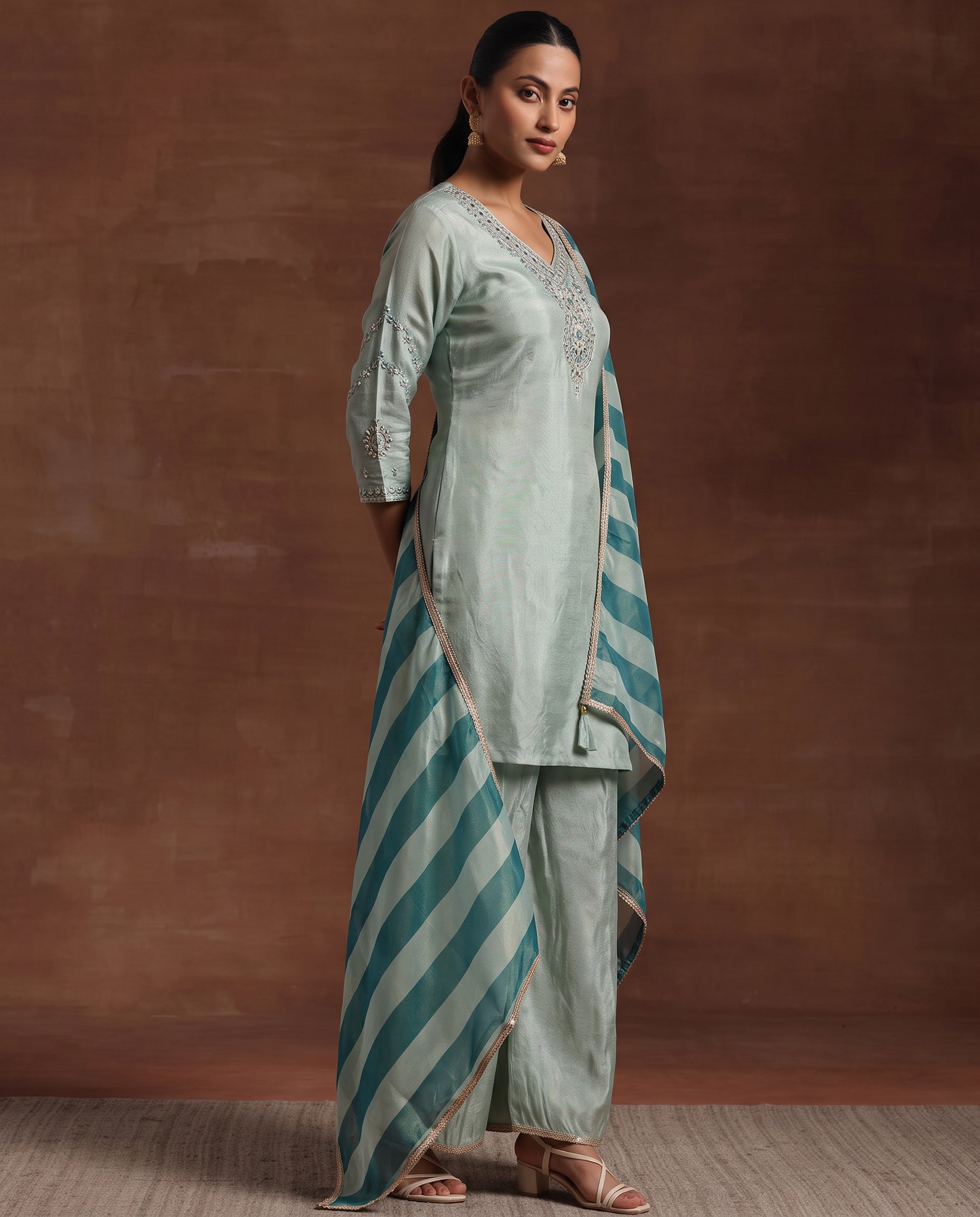 Delightful Sky Blue Embroidered Kurta With Palazzos & Dupatta