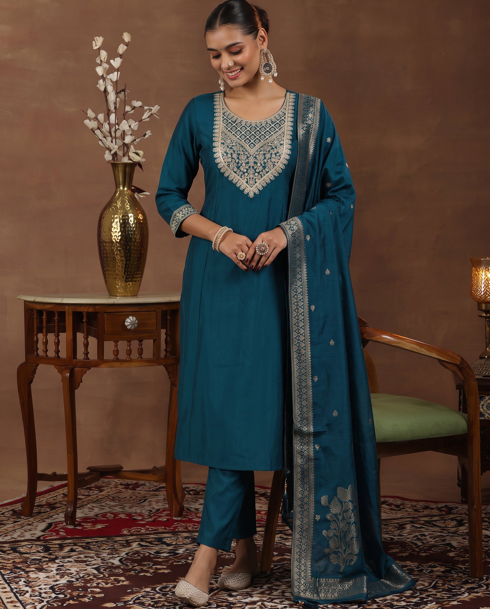 Teal Ethnic Embroidered Silk Blend Straight Kurta Set