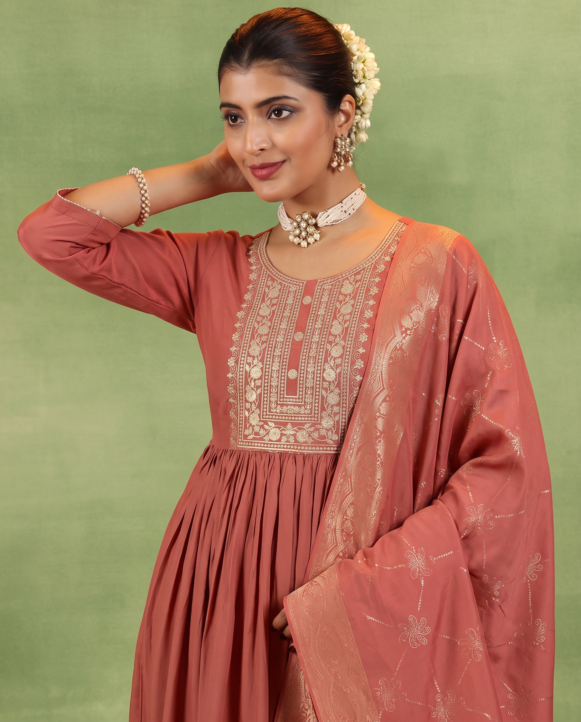 Rust Embroidered Straight Kurta Set with Jacquard Dupatta