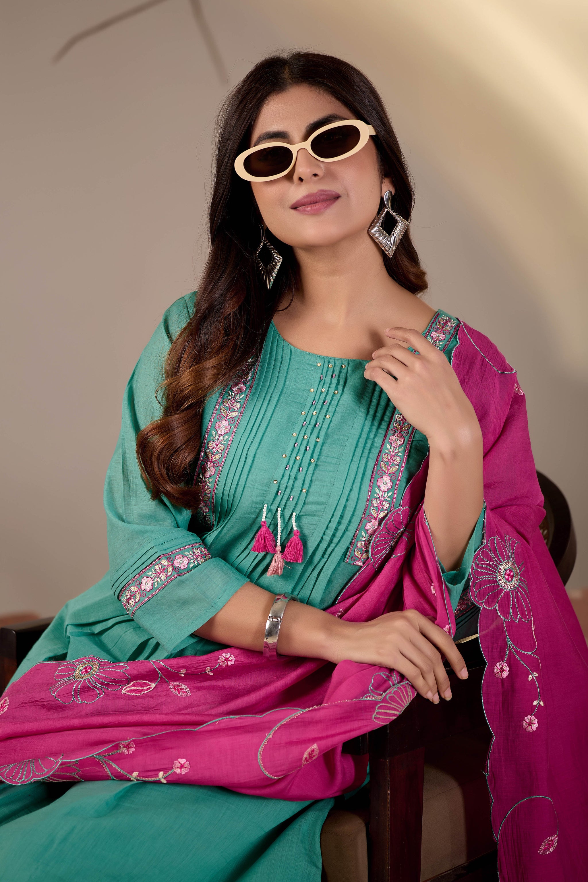 Sea Green Pintuck Kurta Set with Fuchsia Pink Floral Dupatta