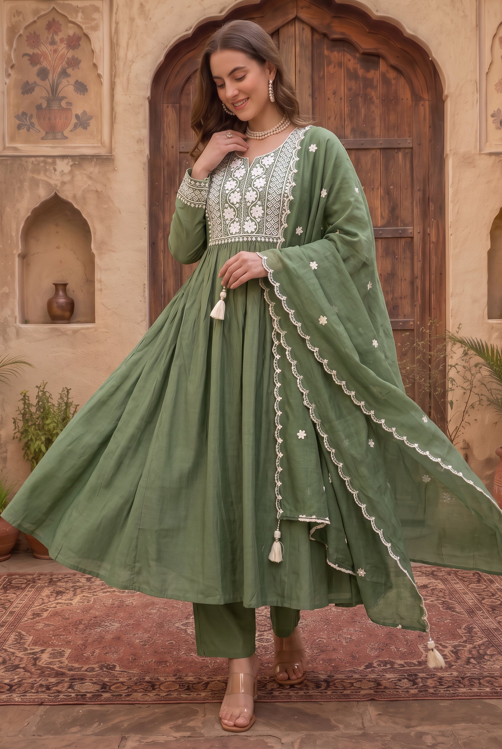 Olive Green Anarkali Suit with White Embroidered Yoke