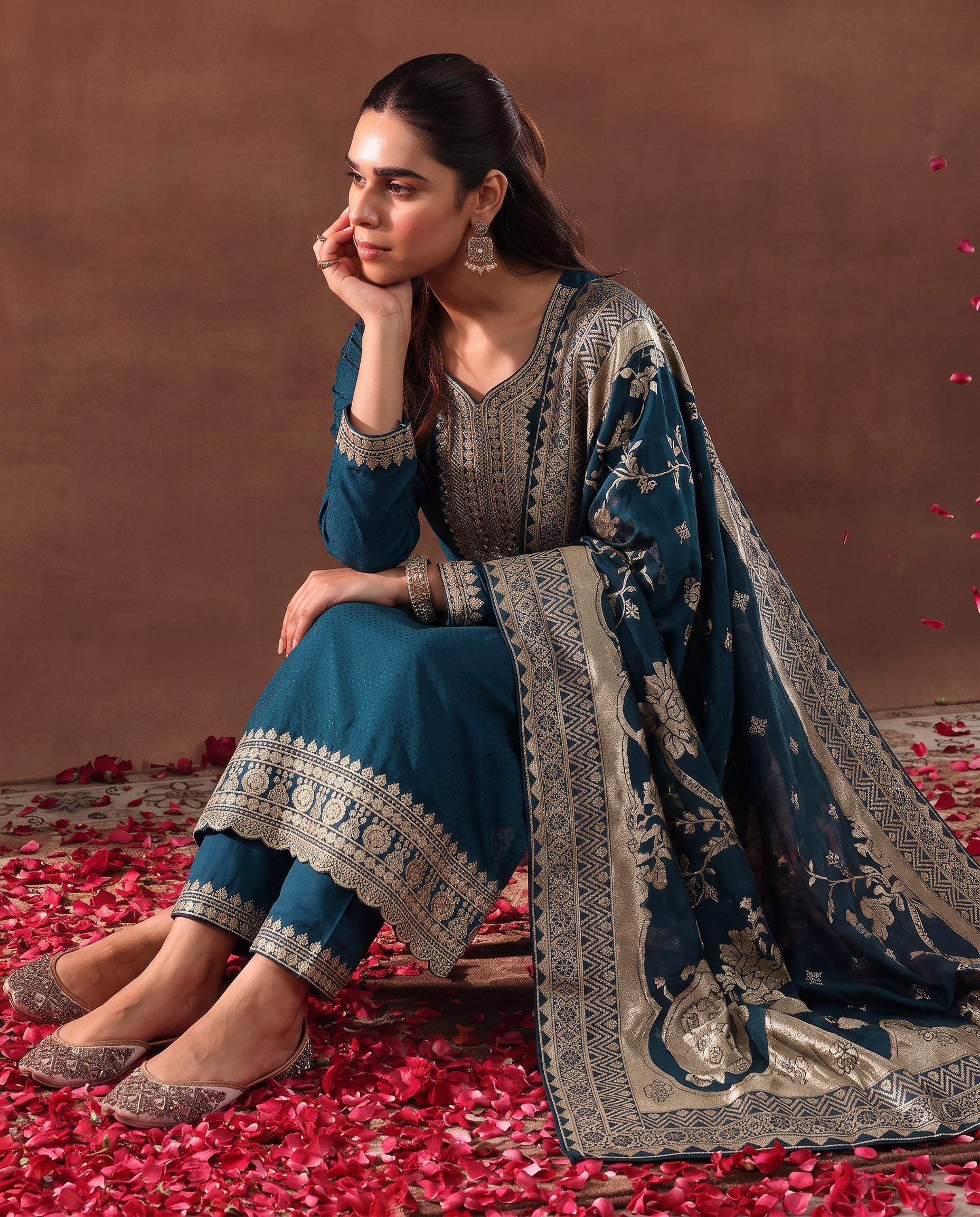Women's Festive Teal Embroidered Kurta Suit Set with Dupatta