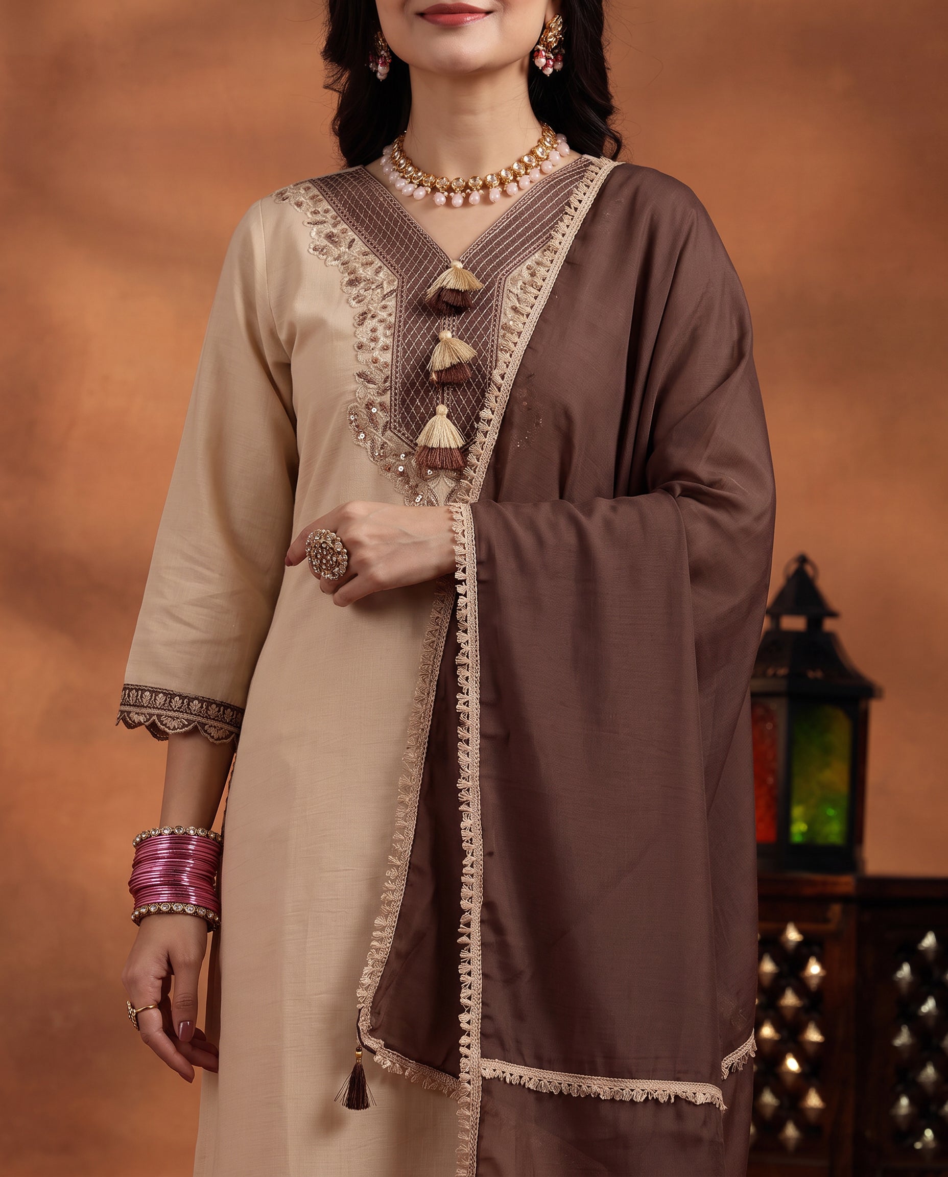 Cream Embroidered Cotton A-Line Suit Set for Women with Brown Dupatta