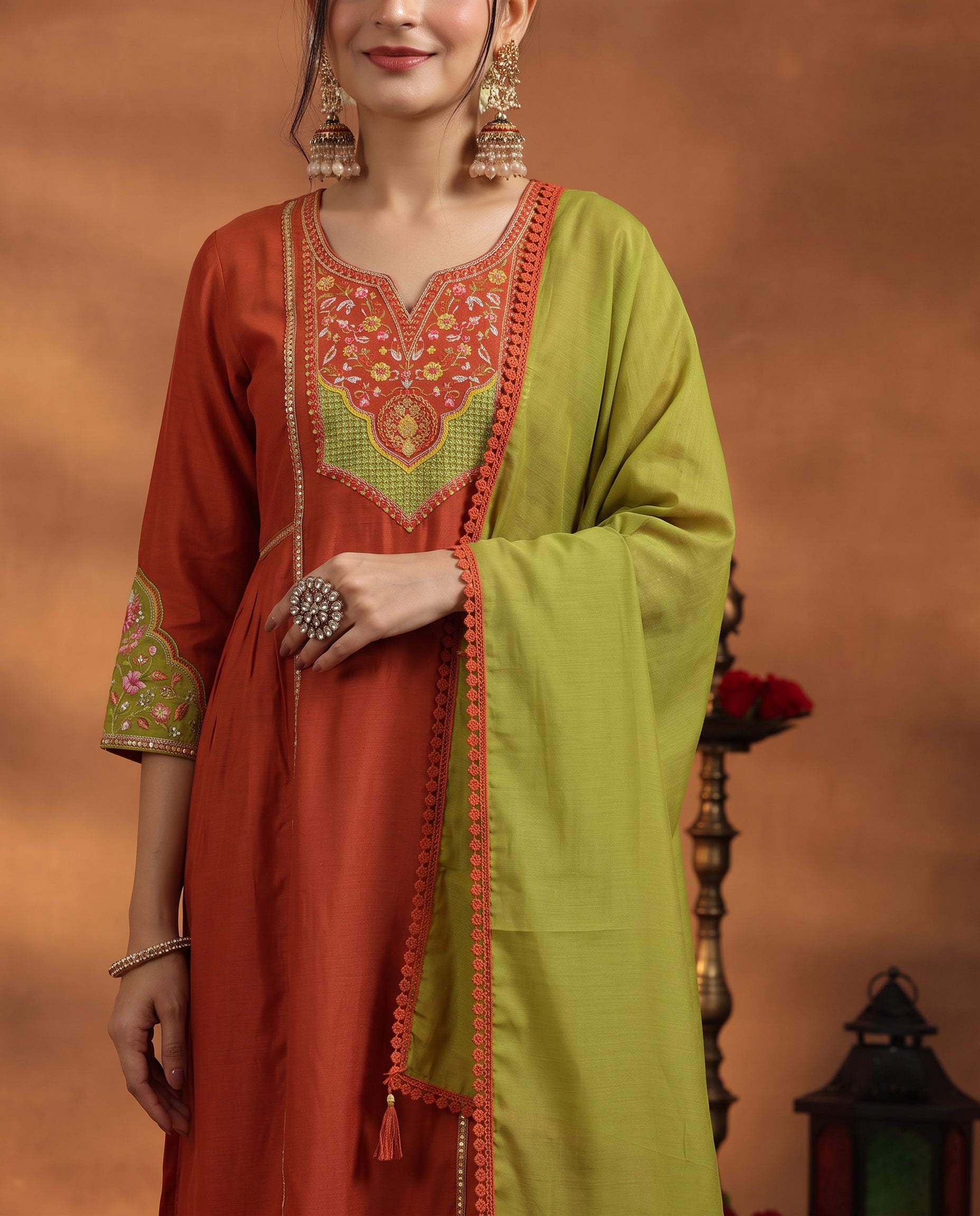 Rust Orange Embroidered Cotton A-Line Kurta Set for Women with Dupatta