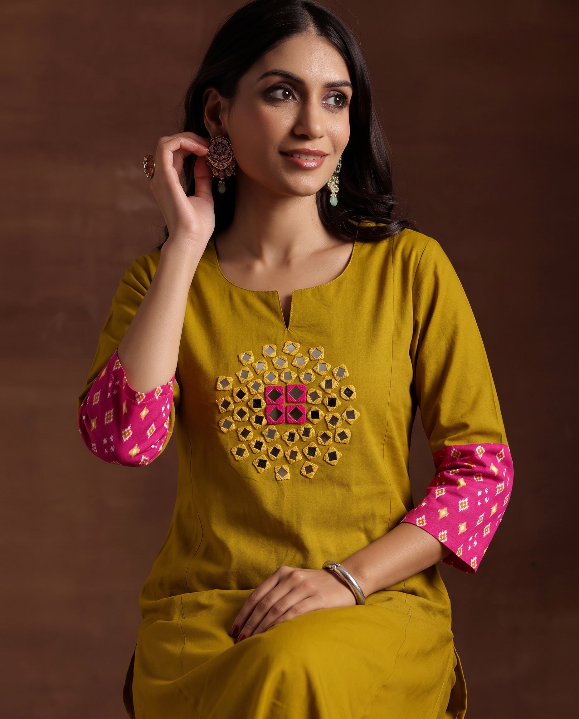 Women's Mustard Yellow Kurta Pant Set with Mirror Work
