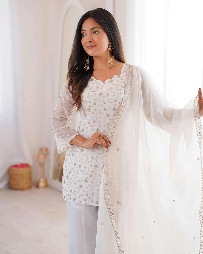 Off-White Color Crunchy Silk Embroidered Plazzo Suit