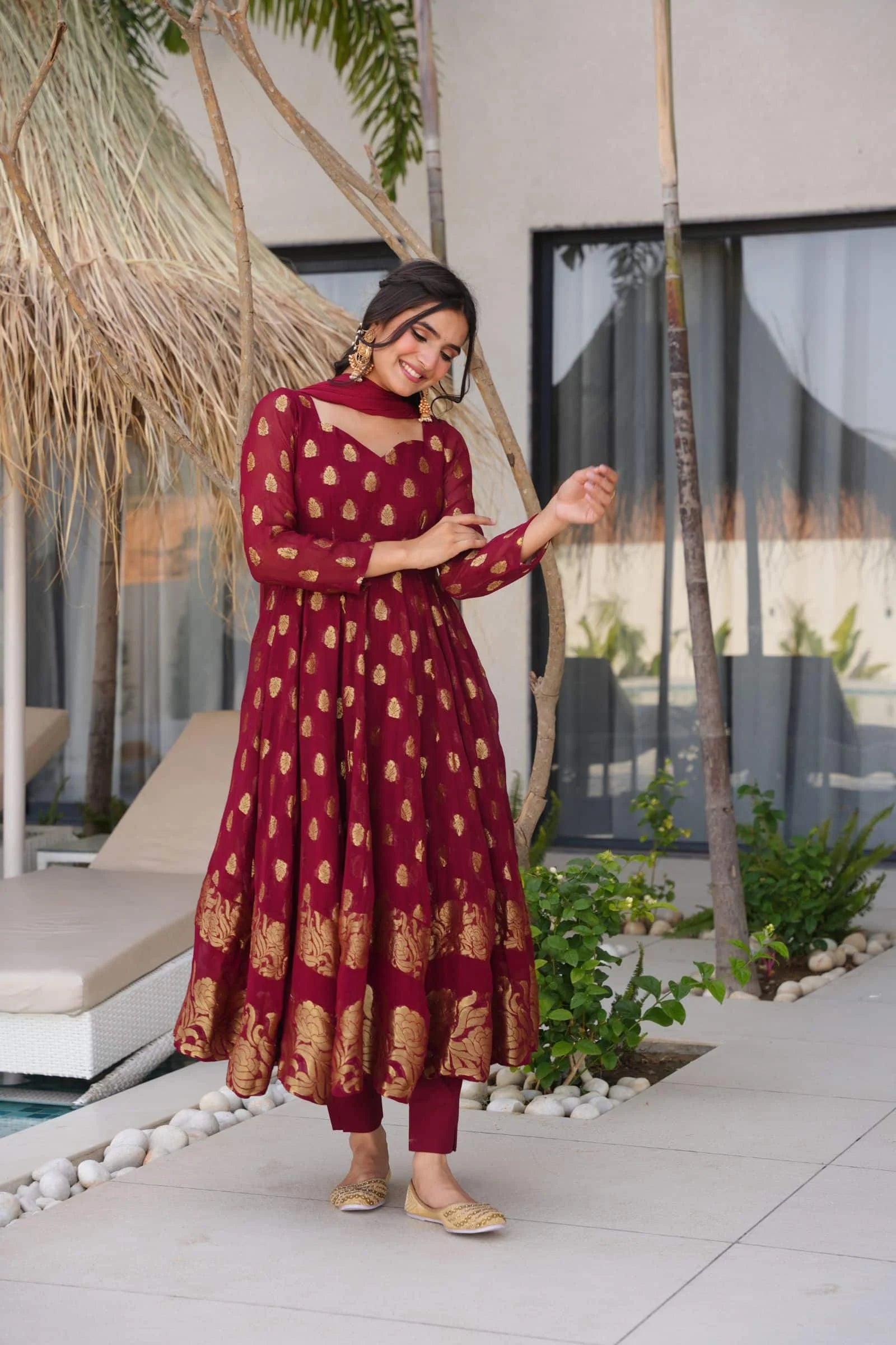 Traditional Maroon Anarkali Suit Set For Weddings And Special Occasions