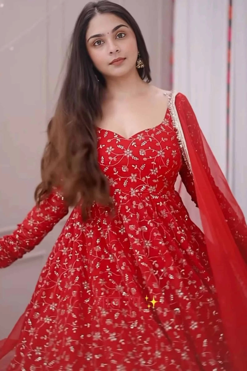 Traditional Red Embroidered Anarkali Suit Perfect for Festive Wear