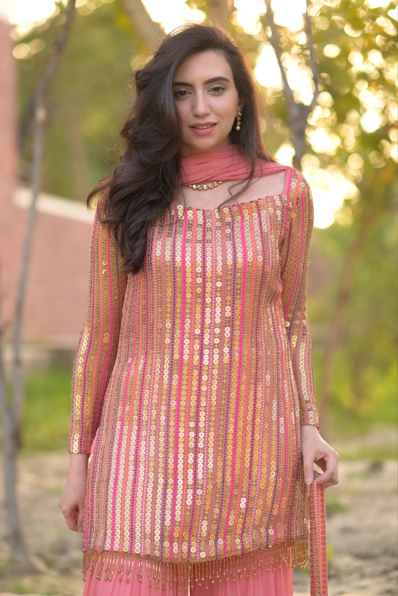 Peach Festive Embroidered Sequin Sharara Suit Set & Gharara Suit Set