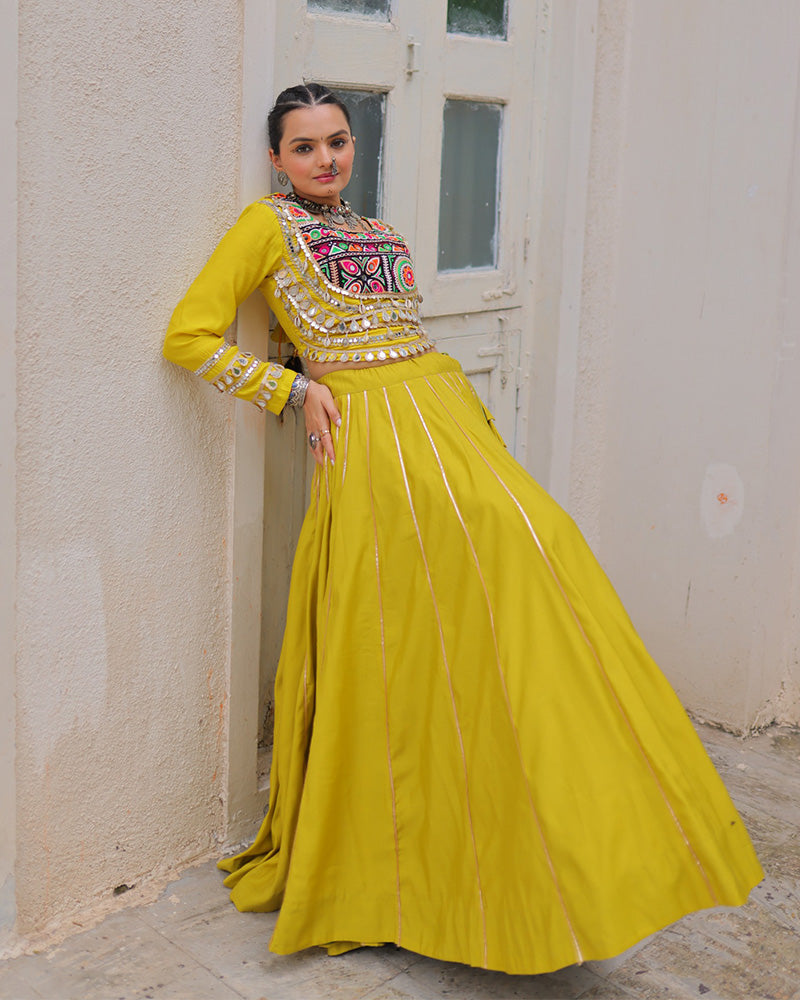 PARROT GREEN COLOR ROMAN SILK NAVRATRI LEHENGA CHOLI