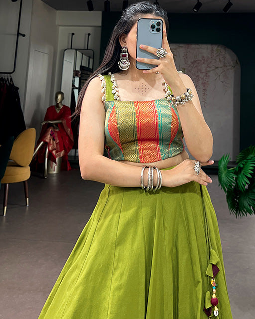 Parrot Green Color Cotton Navratri Lehenga Choli