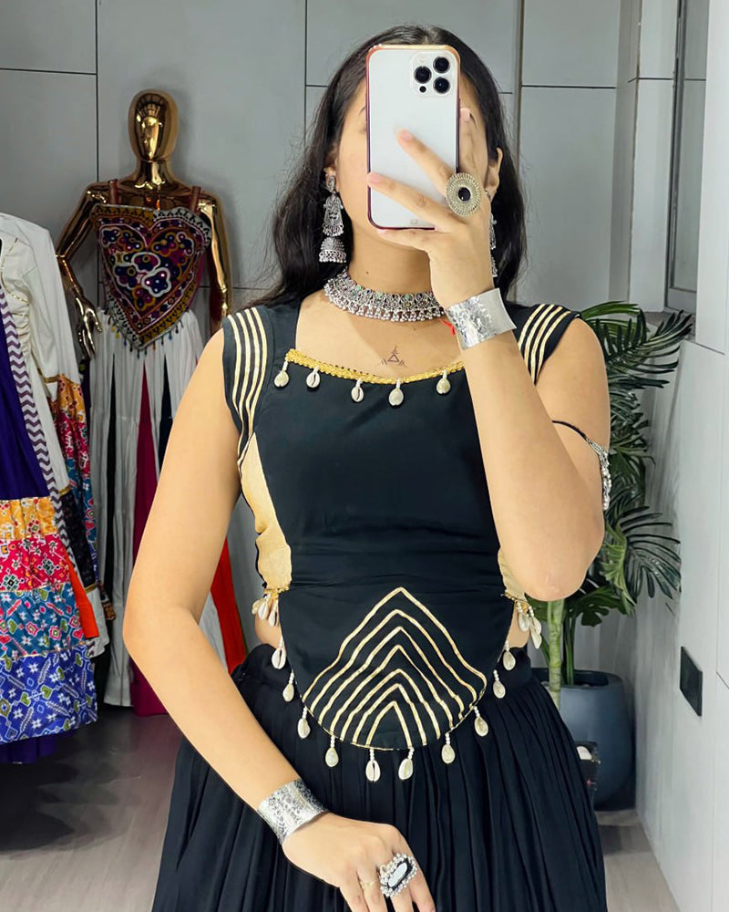 Black Color Pure Rayon Cotton Navratri Lehenga