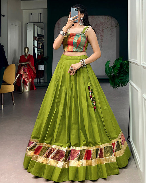 Parrot Green Color Cotton Navratri Lehenga Choli