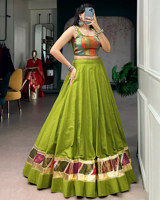 Parrot Green Color Cotton Navratri Lehenga Choli