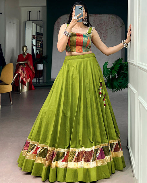 Parrot Green Color Cotton Navratri Lehenga Choli