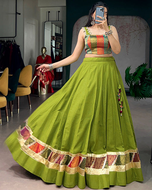 Parrot Green Color Cotton Navratri Lehenga Choli