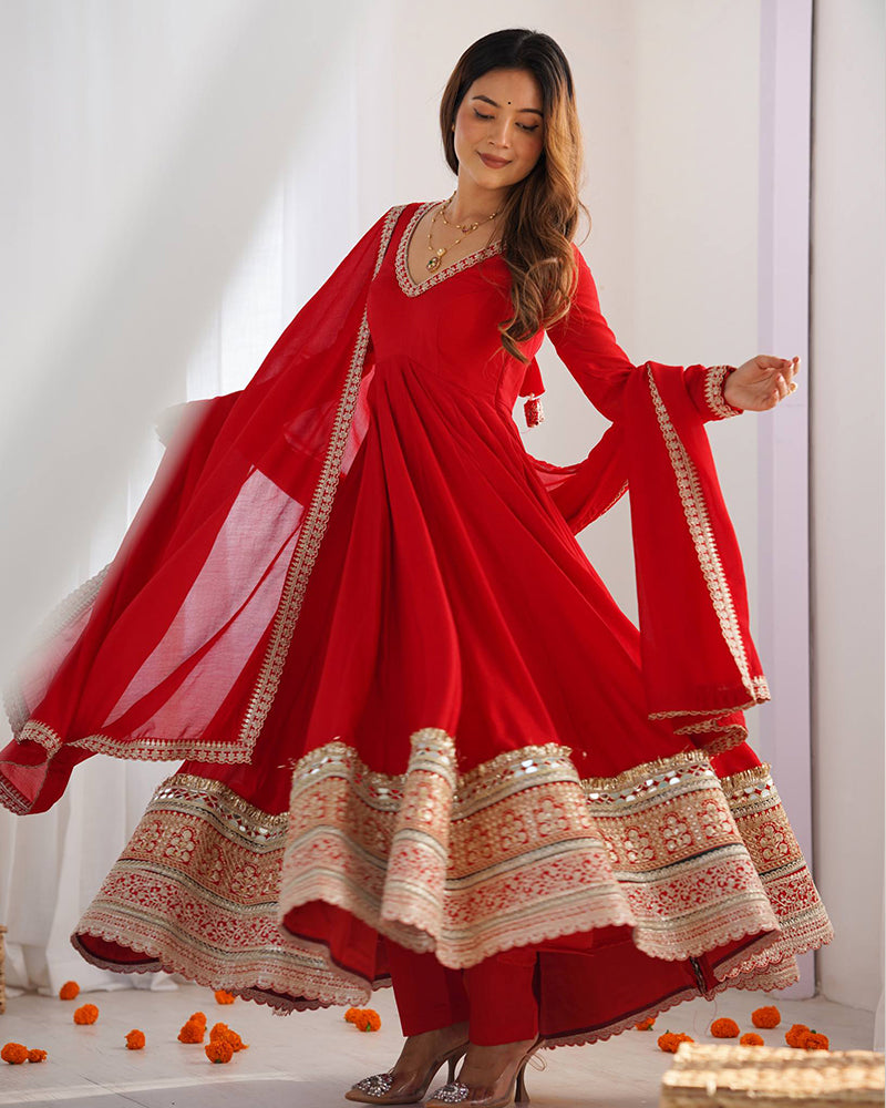 Red Color Blooming Vichitra Silk Anarkali Suit