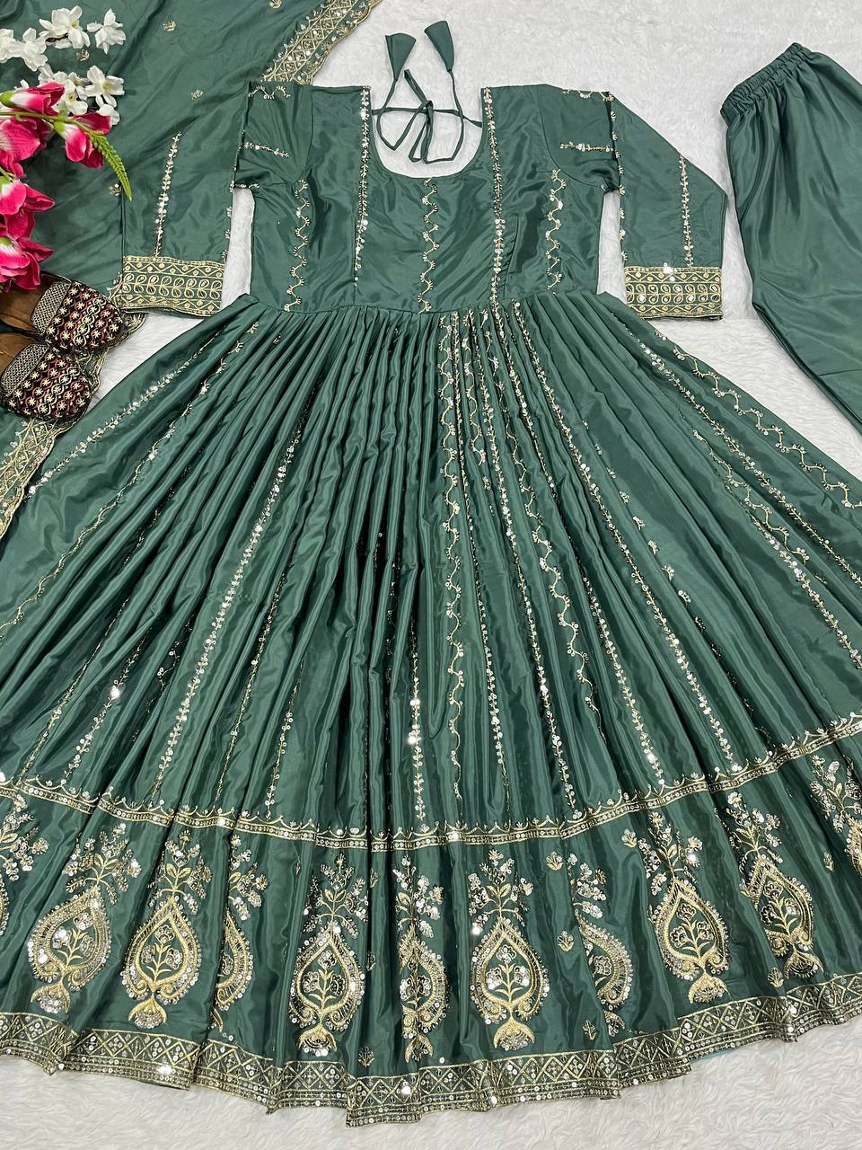 Bottle Green Heavy Sequin Embroidered Anarkali Suit with Dupatta - Product Photo