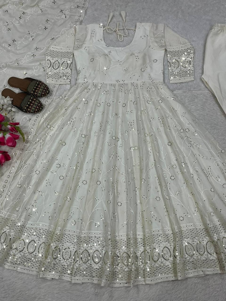 White Ivory Sequin Embroidered Anarkali Suit with Dupatta - Product Photo