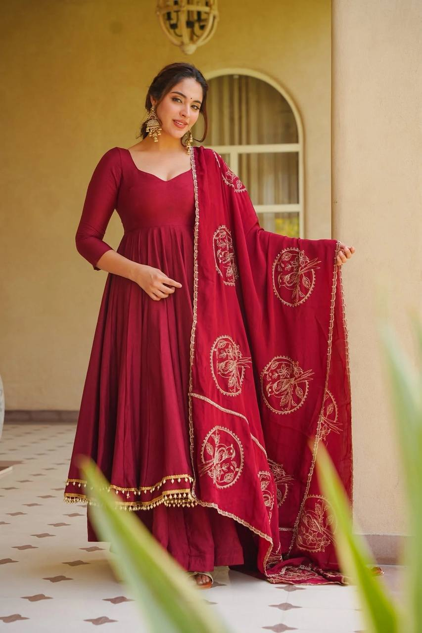Maroon Solid Anarkali Suit with Embroidered Dupatta - Product Photo