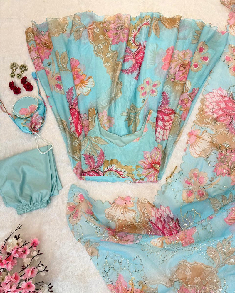 Sky Blue Color Digital Printed Soft Organza Anarkali Suit