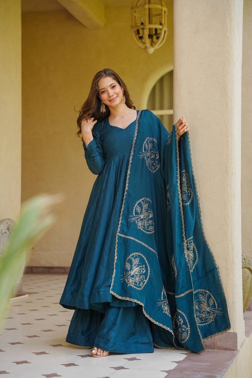Teal Blue Solid Anarkali Suit with Embroidered Dupatta - Product Photo
