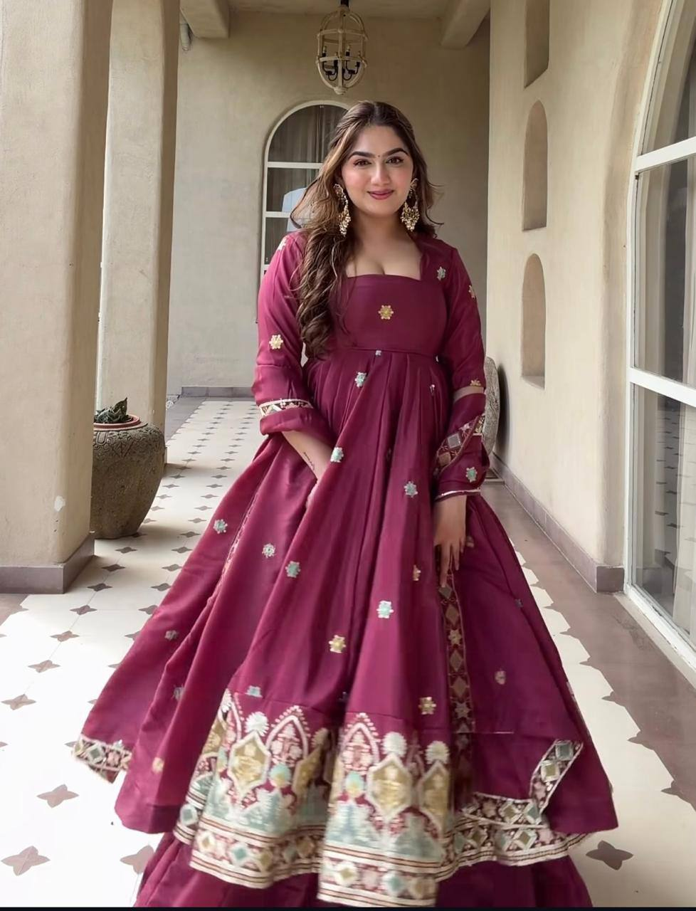 Wine Magenta Border Embroidered Anarkali Suit with Dupatta - Product Photo