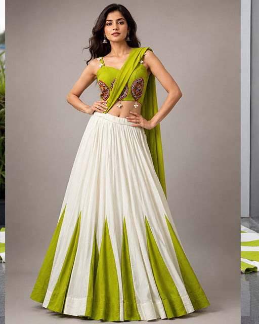 Parrot Green And White Color Cotton Navratri Lehenga Choli