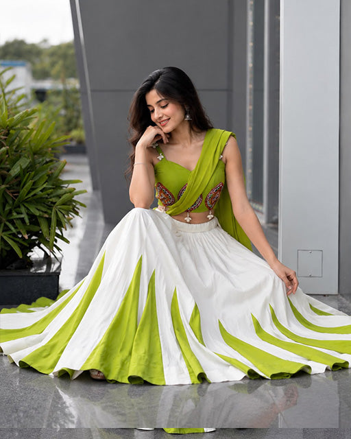 Parrot Green And White Color Cotton Navratri Lehenga Choli