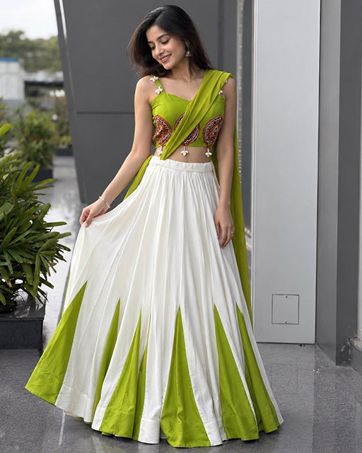 Parrot Green And White Color Cotton Navratri Lehenga Choli