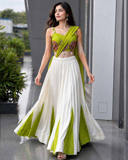 Parrot Green And White Color Cotton Navratri Lehenga Choli