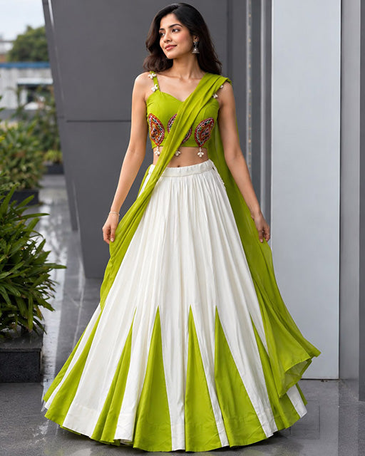 Parrot Green And White Color Cotton Navratri Lehenga Choli