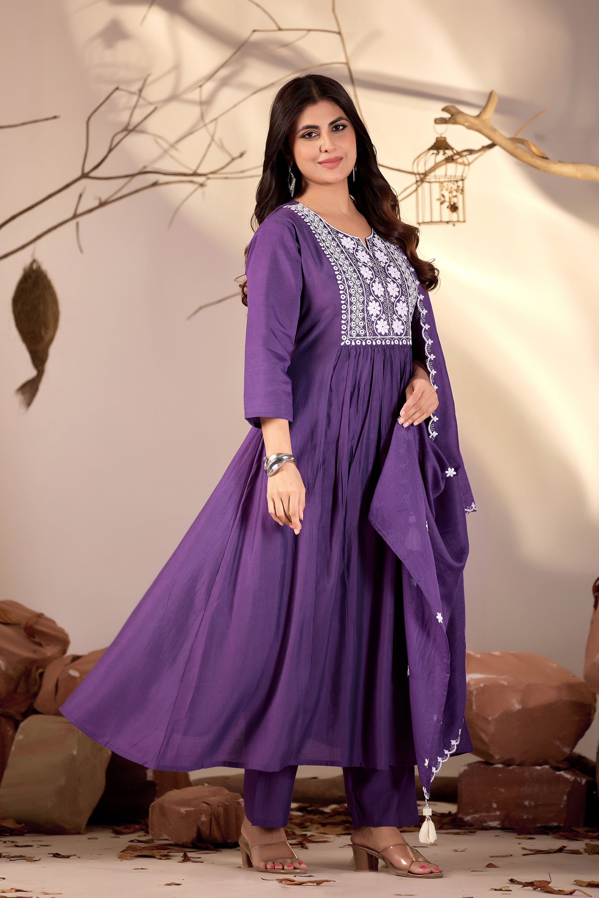 Purple Flared Anarkali Kurta Set with White Chikankari Embroidery