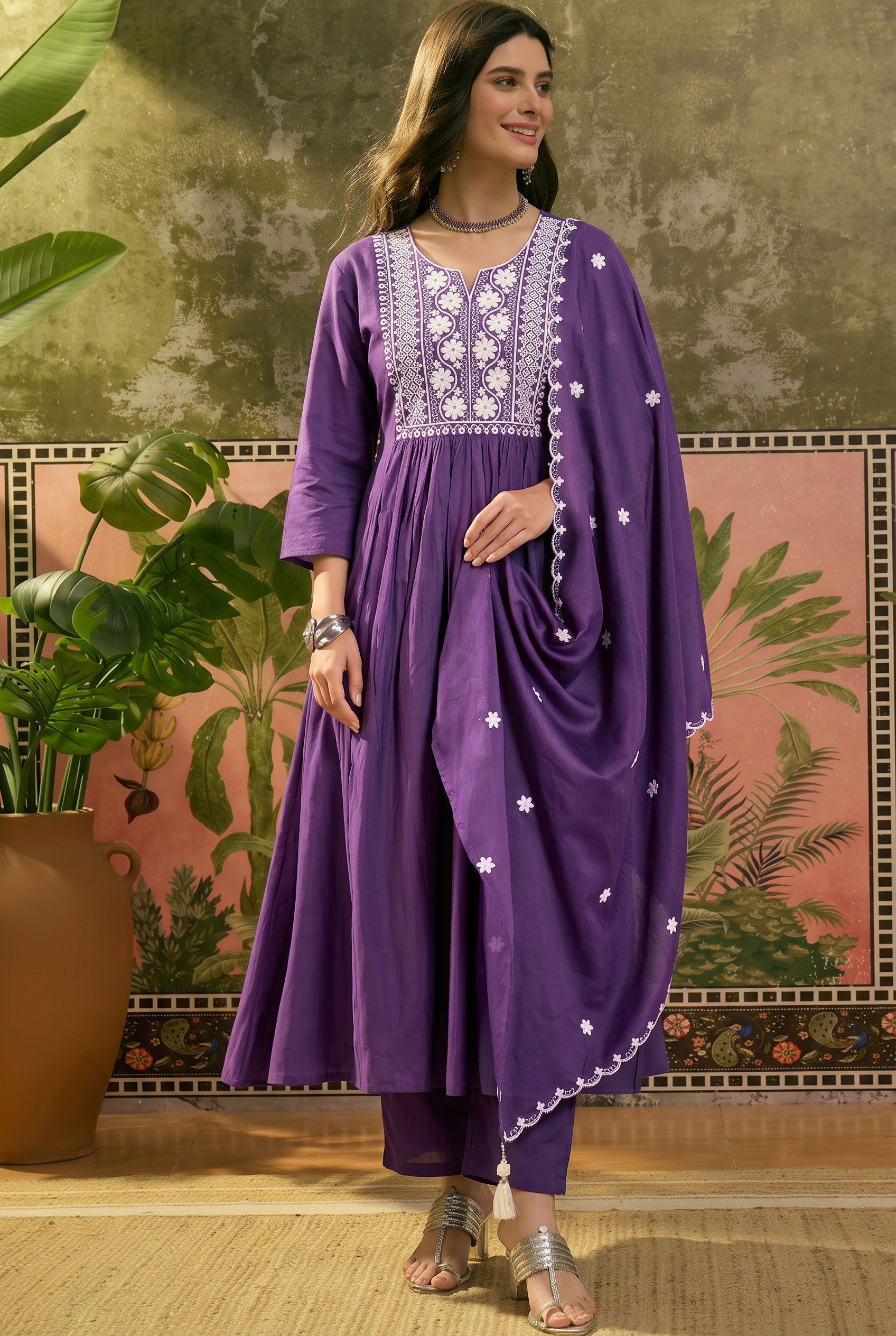 Purple Anarkali Kurta Set with White Chikankari-Style Embroidery