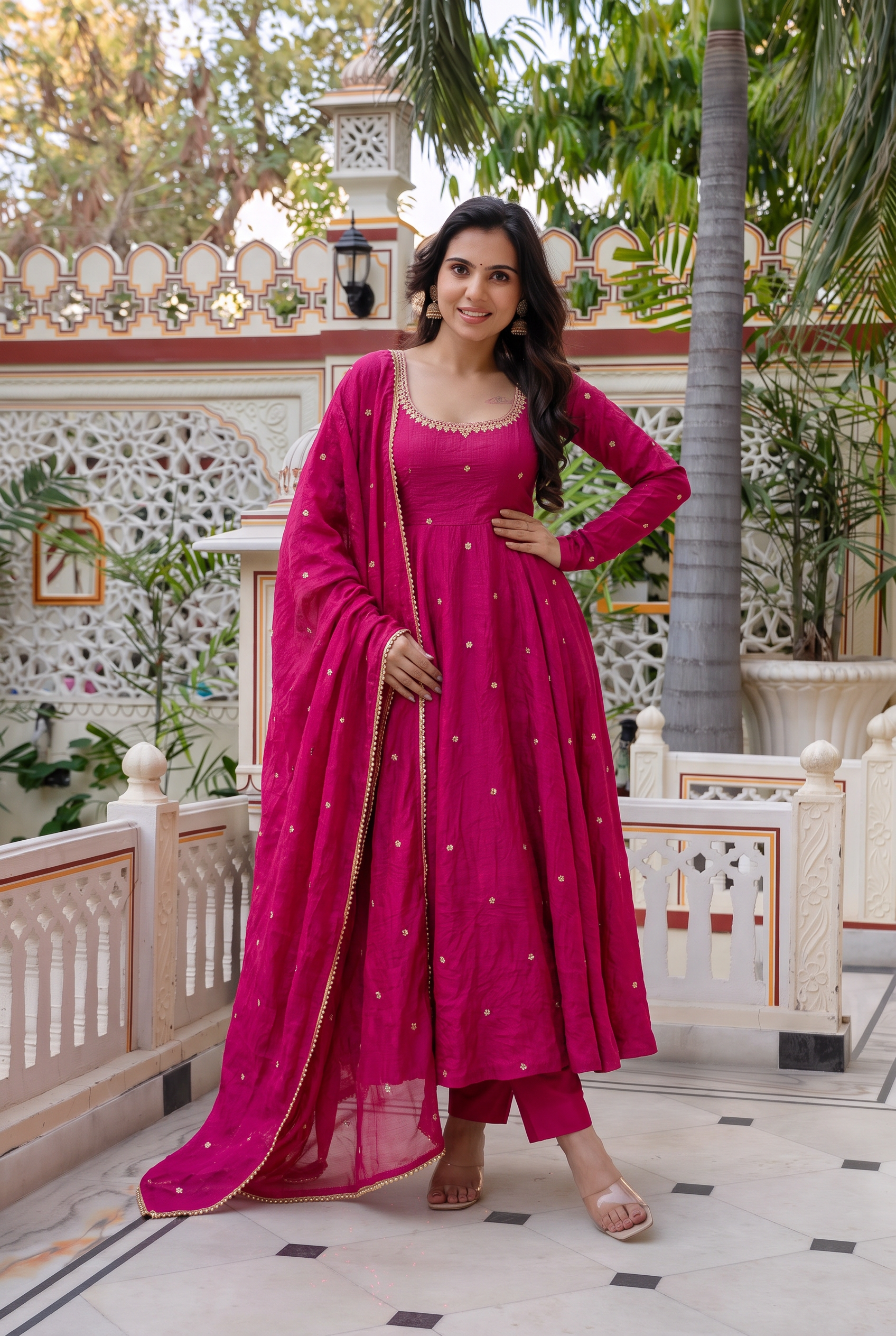 Rani Pink Embroidered Anarkali Suit Set With Dupatta