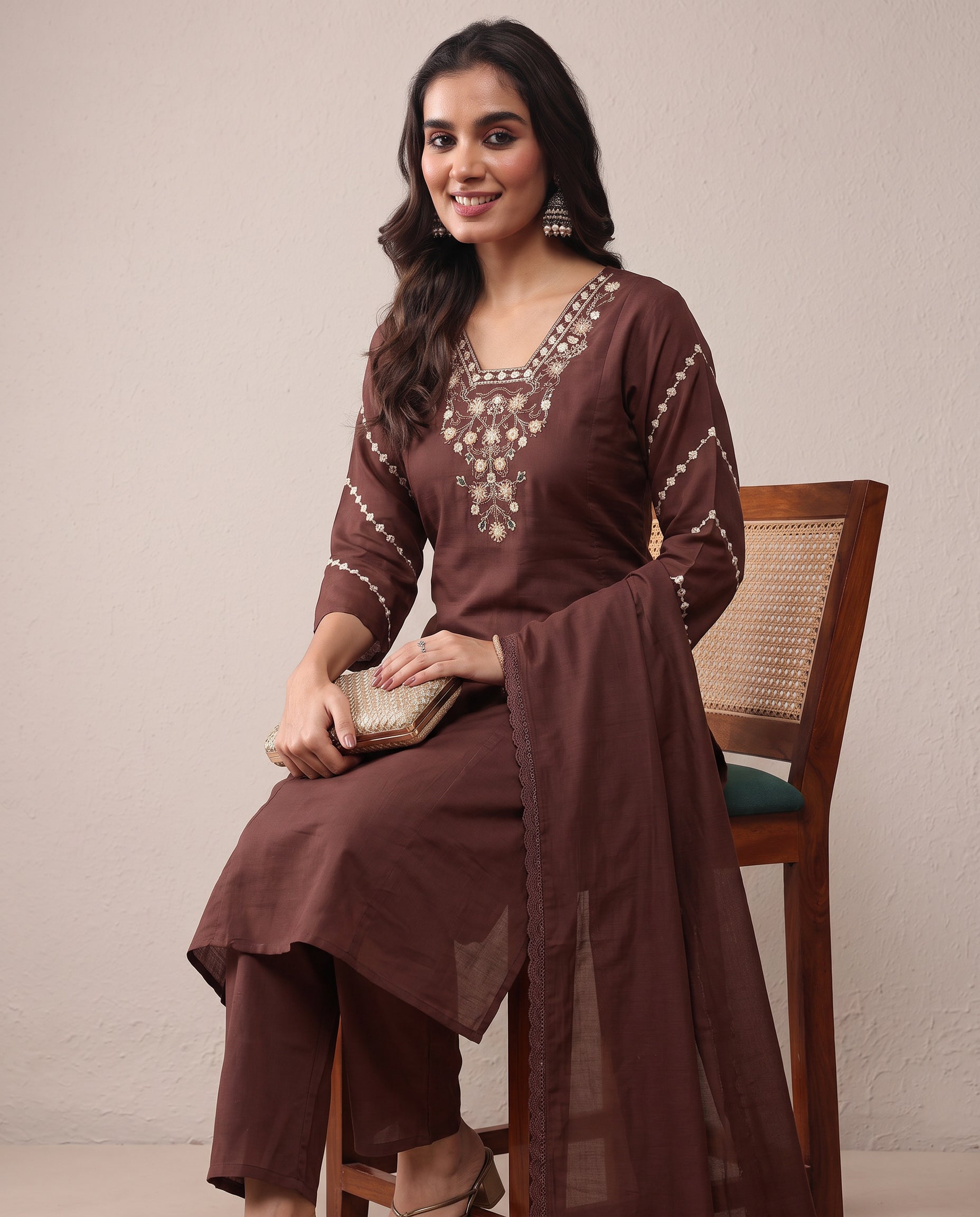 Brown Embroidered Cotton A-Line Kurta Set with Dupatta