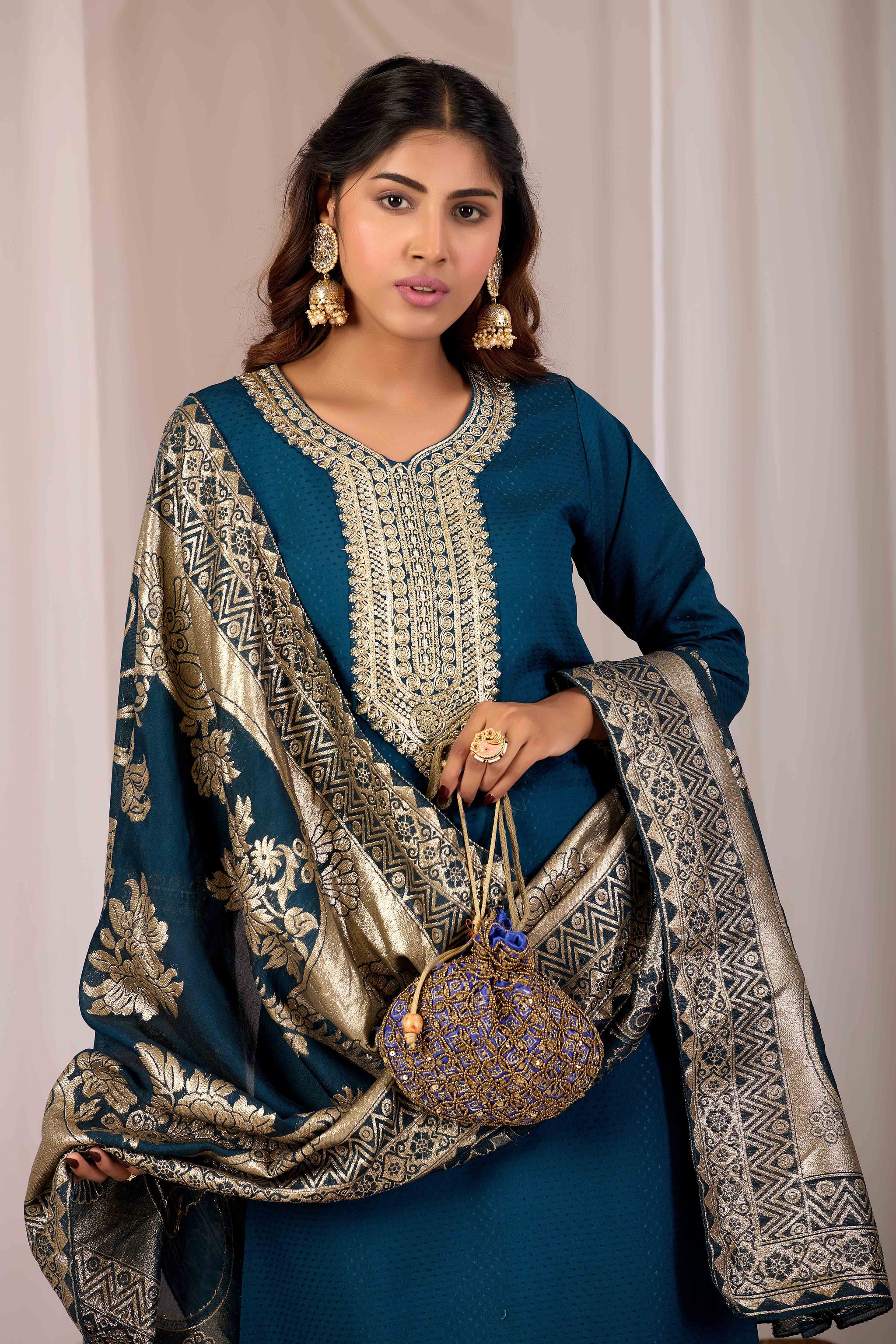 Teal Ethnic Embroidered Stylish Kurta Set with Jacquard Dupatta