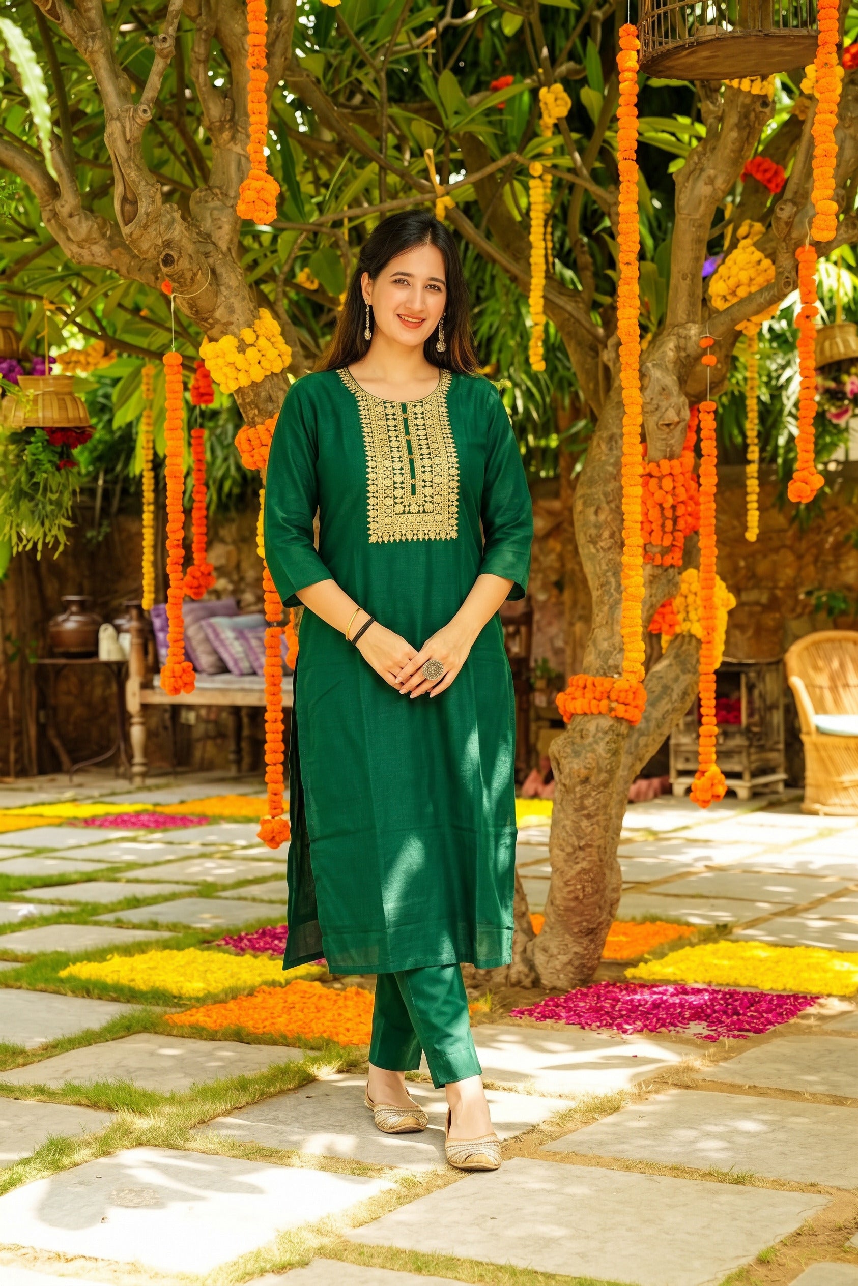 Bottle Green Straight Kurta Set with Gold Embroidered Yoke