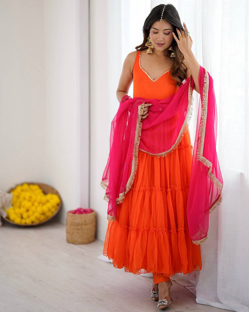 Orange Color Georgette Chiffon Three Piece Anarkali Suit