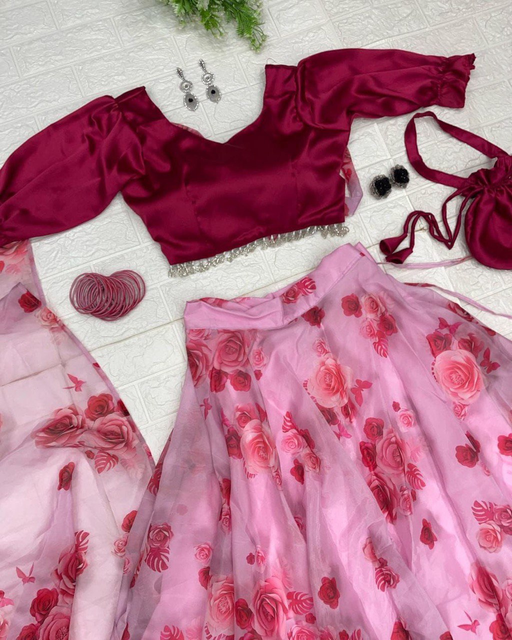 Light Pink Flower Print Lehenga With Fancy Choli With Potli Bag