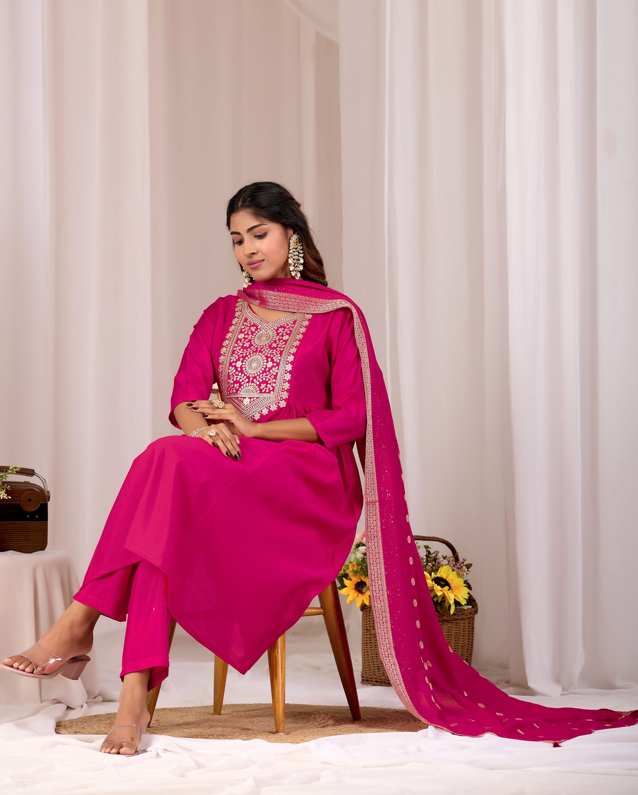 Traditional Rani Pink Embroidery Kurta Set with Dupatta