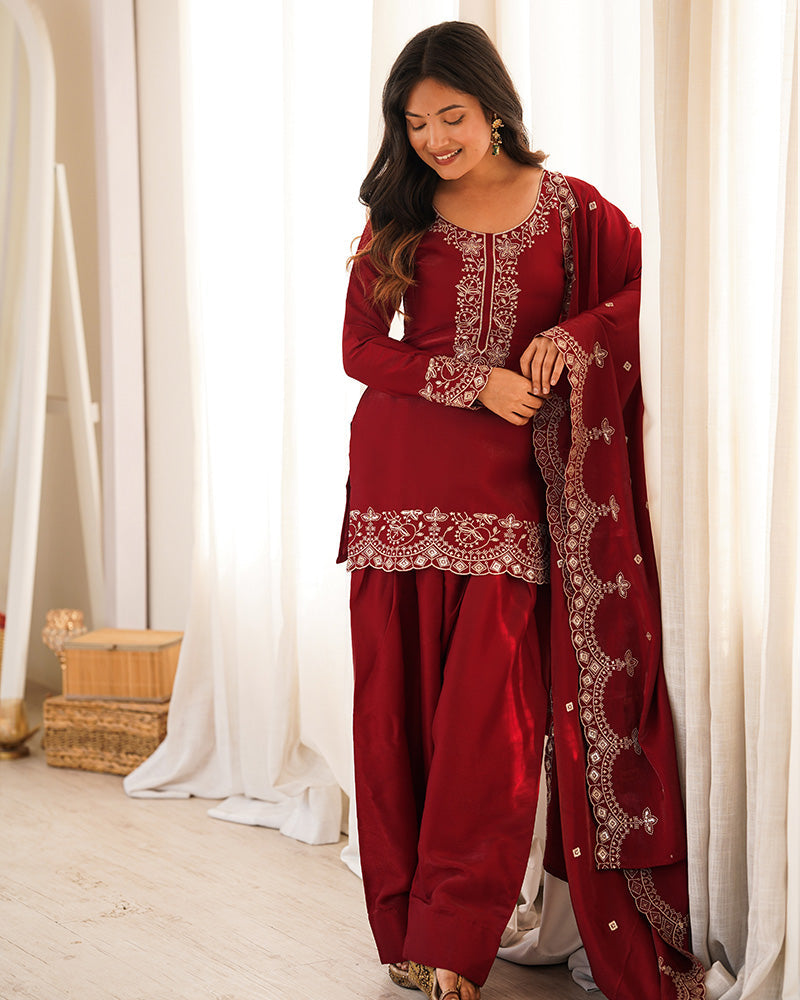 REDDISH MAROON COLOR ROMAN SILK FARSHI SALWAR SUIT