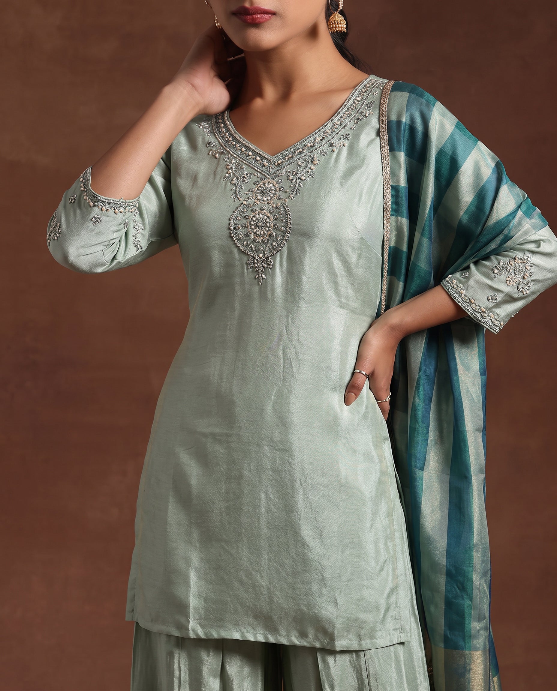 Delightful Sky Blue Embroidered Kurta With Palazzos & Dupatta