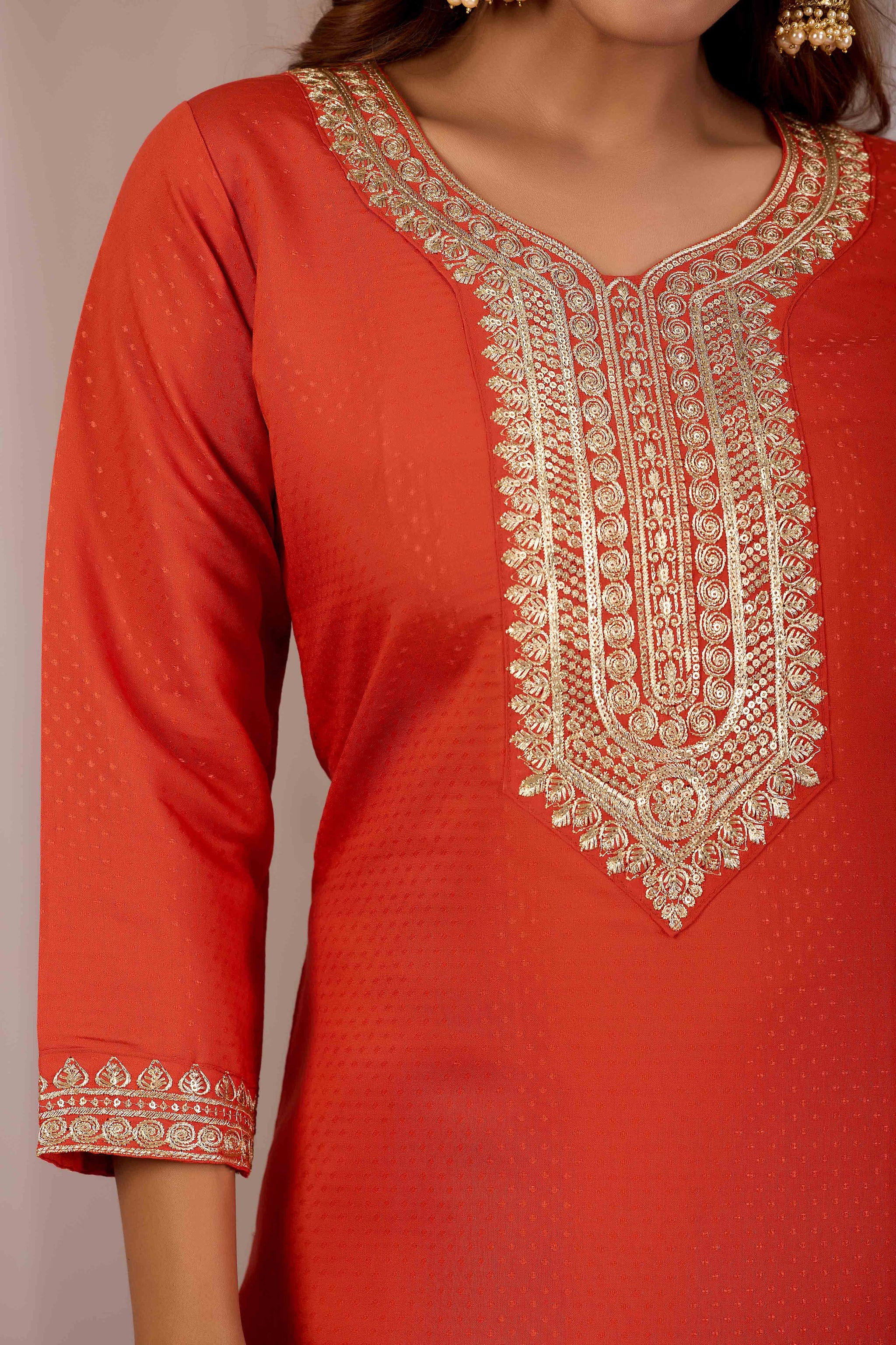 Women Rust Embroidered Silk Blend Straight Kurta Set With Jacquard Dupatta