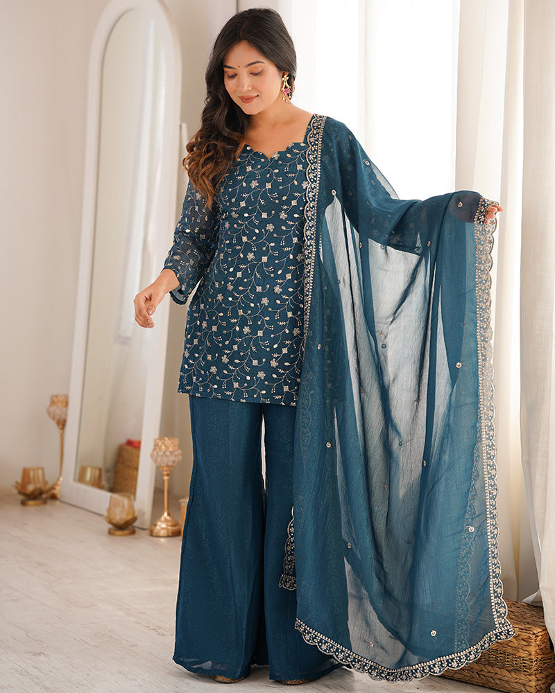Teal Blue Color Crunchy Silk Embroidered Plazzo Suit