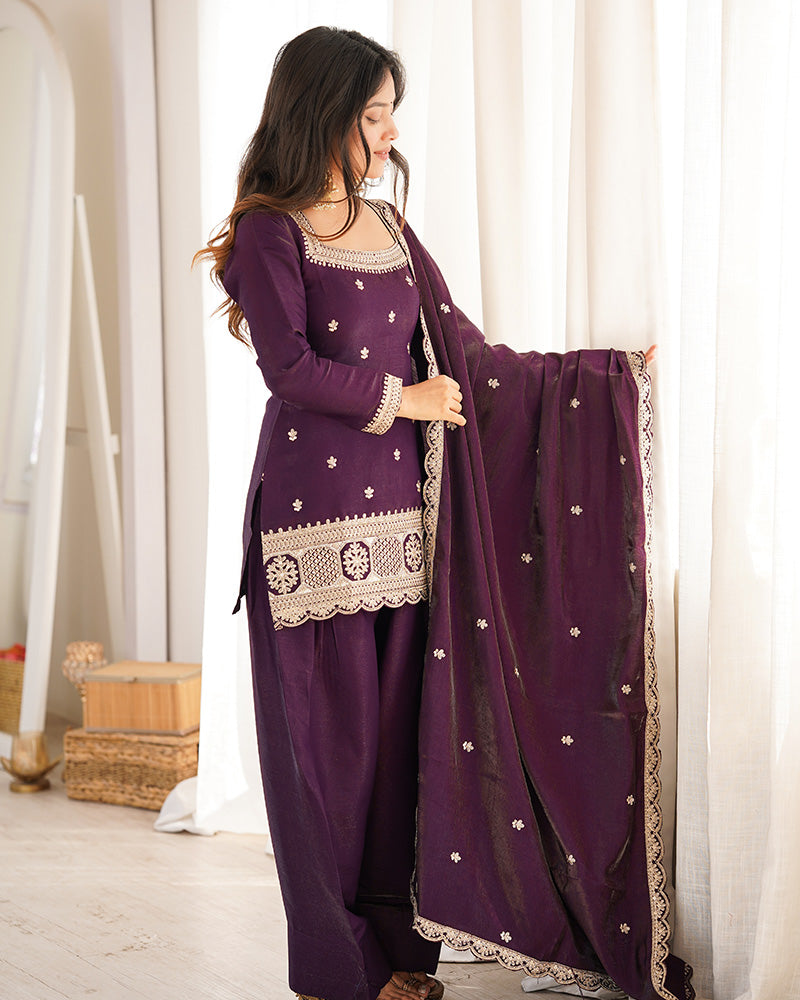 WINE COLOR ROMAN SILK EMBROIDERED FARSHI SALWAR SUIT