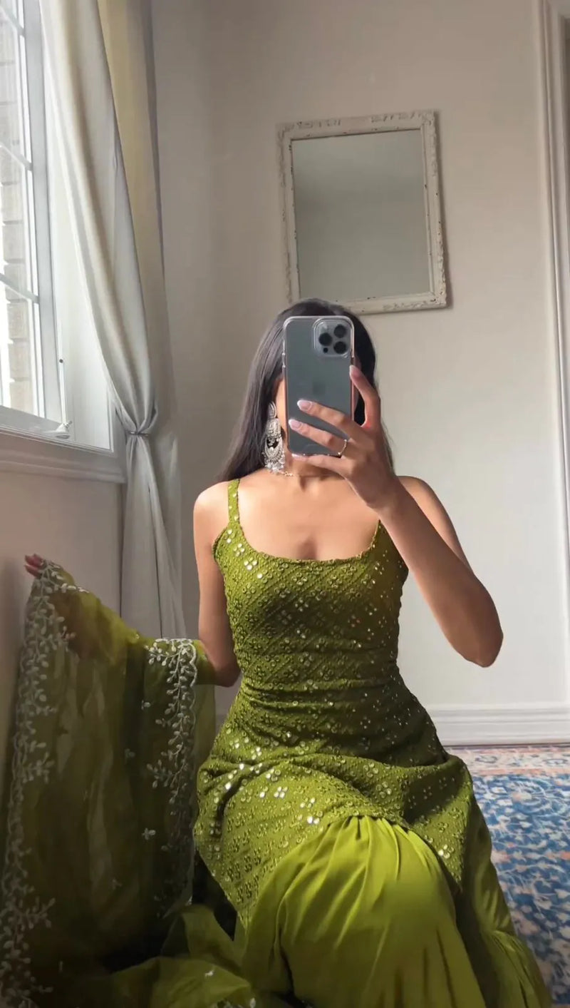Green Embroidered Kurta And Sharara Suit Set with Dupatta
