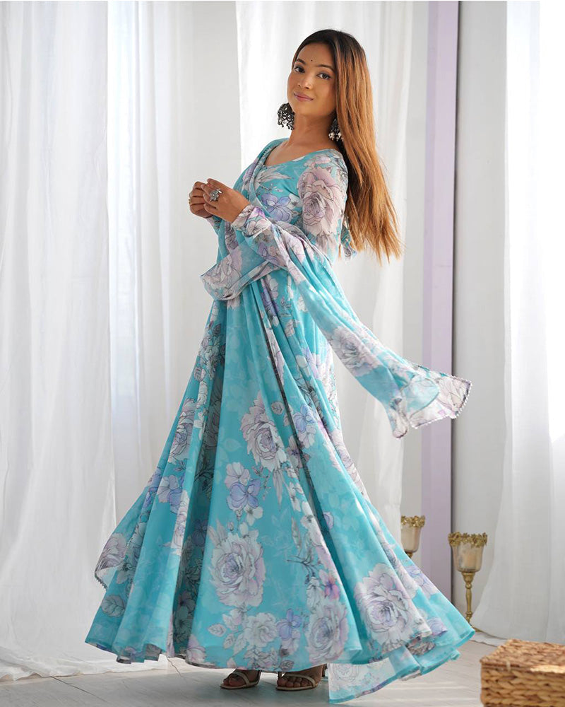 SKY BLUE COLOR GEORGETTE FLORAL PRINTED GOWN