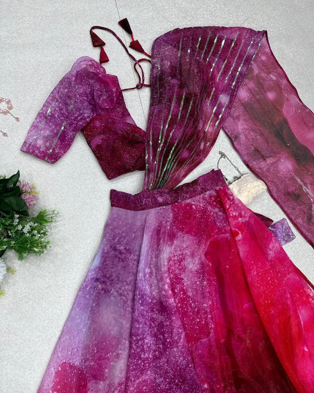 Printed Wine Color Lehenga With Fancy Blouse Attached Dupatta